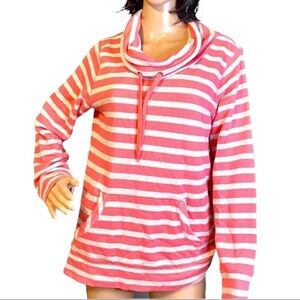 MADE FOR LIFE WOMEN’S SWEATER SIZE M CORAL PINK/GRAY STRIPED‎